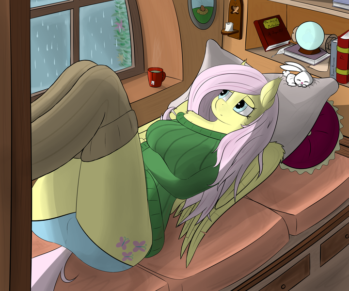 Size: 6000x5000 | Tagged: absurd resolution, angel bunny, anthro, anus cameltoe, artist:huckser, beverage, breasts, busty fluttershy, cameltoe, clothes, derpibooru import, female, fluttershy, golden oaks library, on back, pullover, questionable, rabbit, rain, socks, solo, solo female, sweater, sweatershy, text