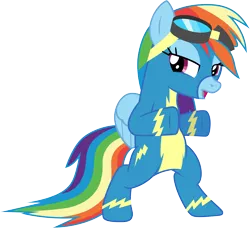 Size: 3272x3001 | Tagged: safe, artist:cloudyglow, derpibooru import, rainbow dash, pegasus, pony, newbie dash, .ai available, clothes, female, goggles, mare, open mouth, rearing, simple background, solo, transparent background, uniform, vector, wonderbolts uniform