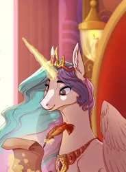 Size: 945x1286 | Tagged: safe, artist:28gooddays, derpibooru import, princess celestia, alicorn, pony, ear fluff, female, magic, mare, quill, scroll, solo, telekinesis, throne room