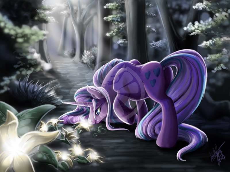 Size: 800x600 | Tagged: safe, artist:zene, derpibooru import, oc, oc:flareheart, unofficial characters only, pony, unicorn, female, flower, forest, mare, solo, tree, watermark