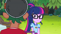 Size: 800x450 | Tagged: safe, derpibooru import, edit, edited screencap, screencap, sci-twi, timber spruce, twilight sparkle, equestria girls, legend of everfree, animated, aqua teen hunger force, bedroom eyes, caption, female, gif, hand banana, male, out of context, shipping, straight, text edit, timbertwi, tonight you