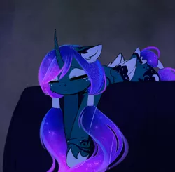 Size: 1280x1255 | Tagged: safe, artist:magnaluna, derpibooru import, princess luna, alicorn, pony, alternate hairstyle, cheek fluff, color porn, curved horn, ear fluff, eyes closed, eyeshadow, floppy ears, galaxy mane, leg fluff, missing accessory, prone, sad, solo