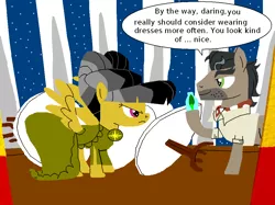 Size: 1020x763 | Tagged: 1000 hours in ms paint, alternate hairstyle, artist:mlpfan1993, clothes, daring do, derpibooru import, doctor caballeron, dress, ms paint, safe, unamused