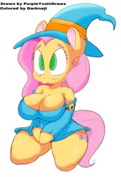 Size: 1077x1573 | Tagged: anthro, arm hooves, artist:darkneji, artist:purple-yoshi-draws, blushing, breasts, busty fluttershy, cleavage, clothes, costume, derpibooru import, female, fluttershy, hat, kneeling, simple background, solo, solo female, suggestive, white background, witch, witch hat