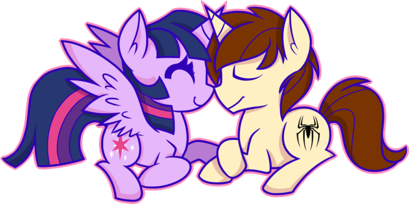 Size: 1024x512 | Tagged: safe, artist:mochi--pon, derpibooru import, twilight sparkle, twilight sparkle (alicorn), alicorn, pony, unicorn, boop, chibi, crossover, crossover shipping, cute, cutie mark, female, male, noseboop, peter parker, shipping, simple background, spider-man, spidertwi, straight, transparent background