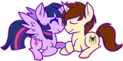 Size: 1024x512 | Tagged: safe, artist:mochi--pon, derpibooru import, twilight sparkle, twilight sparkle (alicorn), alicorn, pony, unicorn, boop, chibi, crossover, crossover shipping, cute, cutie mark, female, male, noseboop, peter parker, shipping, simple background, spider-man, spidertwi, straight, transparent background