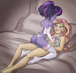 Size: 933x900 | Tagged: suggestive, artist:shaxbert, derpibooru import, sci-twi, sunset shimmer, twilight sparkle, series:sciset diary, equestria girls, barefoot, bed, bedroom, breast fondling, breast grab, breasts, clothes, collaboration, colored pupils, corset, evening gloves, feet, female, fingerless elbow gloves, fingerless gloves, frilly, garter belt, garters, glasses, gloves, grope, hair bun, imminent sex, lesbian, lingerie, long gloves, looking at each other, panties, partial nudity, scitwishimmer, sexy, shipping, socks, stockings, strategically covered, sunsetsparkle, thigh highs, thong, topless, underwear