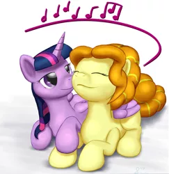 Size: 1930x1989 | Tagged: safe, artist:stillwaterspony, derpibooru import, adagio dazzle, twilight sparkle, twilight sparkle (alicorn), ponified, alicorn, pony, adagilight, cover art, eyes closed, female, holding hooves, humming, lesbian, shipping, wing hold