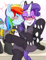 Size: 1512x1960 | Tagged: angry, artist:blackbewhite2k7, batman, blushing, catwoman, claws, clothes, costume, cowl, crossed legs, crossover, derpibooru import, face, female, kissing, lesbian, rainbow dash, raridash, rarity, safe, scrunchy face, shipping, sitting, unmasked, whip