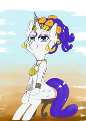 Size: 2893x4092 | Tagged: safe, artist:helloiamyourfriend, derpibooru import, rarity, pony, unicorn, absurd resolution, bracelet, colored beads, colored sketch, ear piercing, earring, fulani, headband, jewelry, nose piercing, nose ring, piercing, rarity wears human jewelry, sitting, solo, tangerines, west african