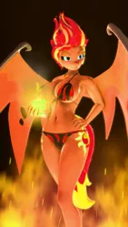 Size: 576x1024 | Tagged: suggestive, artist:indigosfmworks, color edit, derpibooru import, edit, editor:drakeyc, sunset shimmer, anthro, demon, succubus, equestria girls, 3d, absolute cleavage, armpits, belly button, big breasts, bikini, black sclera, bra, breasts, busty sunset shimmer, cleavage, clothes, colored, female, fire, grin, magic, midriff, panties, sideboob, skin color edit, smiling, solo, solo female, source filmmaker, spread wings, sunset satan, swimsuit, underwear