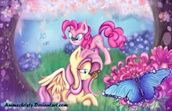 Size: 1024x663 | Tagged: safe, artist:animechristy, derpibooru import, part of a set, fluttershy, pinkie pie, butterfly, earth pony, pegasus, pony, crossed hooves, female, grass, image, mare, png, scenery, signature, spring, tree