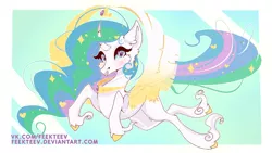 Size: 1280x720 | Tagged: safe, artist:feekteev, derpibooru import, princess celestia, alicorn, pony, curved horn, female, flying, heart eyes, mare, signature, solo, unshorn fetlocks, wingding eyes