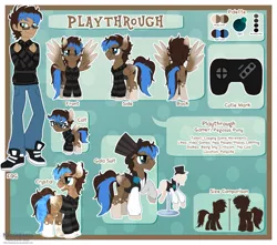 Size: 1024x906 | Tagged: safe, artist:kazziepones, derpibooru import, oc, oc:playthrough, unofficial characters only, crystal pony, pegasus, pony, equestria girls, c:, clothes, colored wings, colored wingtips, colt, controller, crystal pegasus, crystallized, cute, cutie mark, equestria girls-ified, glasses, grin, hat, hoodie, lidded eyes, looking back, male, nerd, plot, profile, raised hoof, reference sheet, size comparison, smiling, spread wings, stallion, suit, top hat, tuxedo, wings