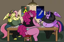 Size: 4646x3044 | Tagged: suggestive, artist:mangameister, derpibooru import, fluttershy, pinkie pie, twilight sparkle, twilight sparkle (alicorn), alicorn, anthro, absurd resolution, bbw, belly, belly button, bellyring, big belly, big breasts, breasts, busty fluttershy, cat lingerie, clothes, dungeons and dragons, eating, eyes closed, fat, fattershy, female, final fantasy, final fantasy vii, goth, group shot, gut rest, heart, hipster, hipstershy, lingerie, looking at you, obese, panties, piercing, piggy pie, poster, pudgy pie, punk, punkie pie, roleplaying, rolls of fat, table, tabletop game, tattoo, the ass was fat, the legend of zelda, tongue out, twilard sparkle, underwear