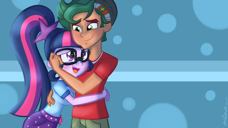 Size: 1024x576 | Tagged: dead source, safe, artist:wubcakeva, derpibooru import, sci-twi, timber spruce, twilight sparkle, equestria girls, legend of everfree, adorkable, camp everfree outfits, clothes, cute, daaaaaaaaaaaw, dork, female, glasses, hug, male, open mouth, ponytail, shipping, shorts, smiling, straight, timberbetes, timbertwi, twiabetes