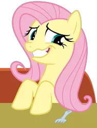 Size: 3100x4100 | Tagged: absurd resolution, artist:tomfraggle, derpibooru import, fluttershy, fork, nervous laugh, safe, simple background, solo, table, the saddle row review, transparent background, vector