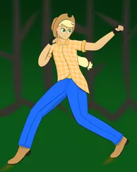 Size: 1198x1500 | Tagged: applejack, artist:totallynotabronyfim, belt buckle, boots, clothes, derpibooru import, fingerless gloves, gloves, hat, human, humanized, safe, solo