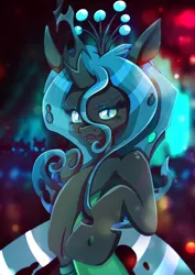 Size: 1358x1920 | Tagged: artist:rariedash, changeling, derpibooru import, fangs, looking at you, open mouth, queen chrysalis, raised hoof, safe, slit eyes, smiling, solo