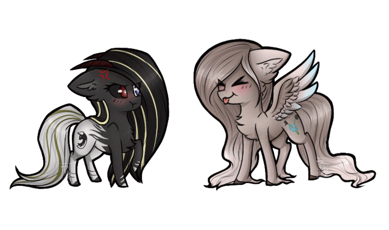 Size: 844x500 | Tagged: safe, artist:monogy, derpibooru import, oc, oc:ariann, oc:sophie, unofficial characters only, original species, pegasus, black sclera, female, heterochromia, mare, simple background, tongue out, transparent background, unshorn fetlocks