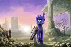 Size: 1500x1001 | Tagged: artist:nemo2d, changeling, changeling oc, city, commission, curved horn, derpibooru import, gun, male, oc, oc:blue shadow, ruins, safe, scenery, solo, sun, unofficial characters only, wasteland, weapon