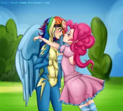 Size: 990x893 | Tagged: suggestive, artist:mizz-chama, derpibooru import, pinkie pie, rainbow dash, human, wonderbolts academy, balloonbutt, breasts, clothes, cropped, female, humanized, lesbian, pinkiedash, scene interpretation, see-through, shipping, socks, striped socks, uniform, wonderbolt trainee uniform