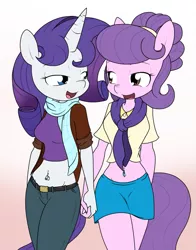 Size: 855x1091 | Tagged: safe, artist:sandwich-anomaly, derpibooru import, rarity, suri polomare, anthro, earth pony, unicorn, belly button, bellyring, clothes, commission, female, lesbian, looking at each other, mare, midriff, piercing, shipping, simple background, skirt, smiling, surity