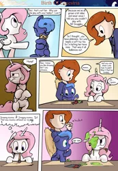 Size: 1280x1853 | Tagged: safe, artist:shieltar, derpibooru import, princess celestia, princess luna, oc, oc:grace harmony, alicorn, human, pony, comic:birth of equestria, cewestia, comic, cute, dialogue, female, filly, frown, jealous, magic, pink-mane celestia, sibling rivalry, speech bubble, winged human, wings, woona, younger