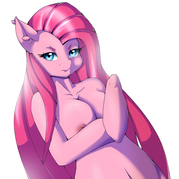 Size: 1351x1352 | Tagged: questionable, artist:auzyo, artist:suziouwabami, derpibooru import, pinkie pie, anthro, earth pony, mantis pony, unguligrade anthro, anatomically incorrect, arm hooves, belly button, breasts, busty pinkie pie, ear fluff, female, incorrect arm anatomy, looking at you, mare, nipples, nudity, pinkamena diane pie, simple background, solo, solo female, stupid sexy pinkie, white background