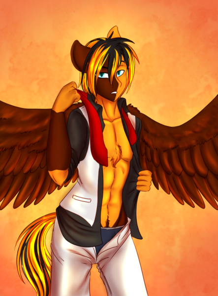 Size: 981x1328 | Tagged: abs, anthro, anthro oc, artist:blackblood-queen, chest fluff, clothes, derpibooru import, dracony, hybrid, large wings, looking at you, male, necktie, oc, oc:daniel dasher, pegasus, simple background, solo, solo male, spread wings, stallion, suggestive, underwear, undressing, unofficial characters only, wings