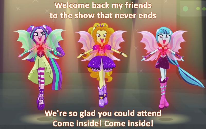 Size: 1147x720 | Tagged: safe, derpibooru import, edit, edited screencap, screencap, adagio dazzle, aria blaze, sonata dusk, equestria girls, rainbow rocks, bare shoulders, boots, bracelet, clothes, elp, emerson lake and palmer, fingerless gloves, floating, gem, gloves, glow, high heel boots, high heels, jewelry, karn evil 9, looking at you, lyrics, music, pendant, ponytail, siren gem, sleeveless, sparkles, spikes, the dazzlings, welcome to the show, wings