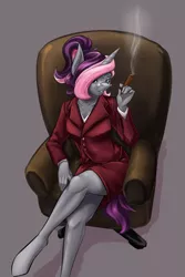 Size: 720x1080 | Tagged: safe, artist:d-lowell, derpibooru import, oc, oc:victoria vanity, unofficial characters only, anthro, bat pony, bat pony unicorn, hybrid, unguligrade anthro, unicorn, anthro oc, business suit, chair, cigar, classy, clothes, commission, crossed legs, fangs, female, legs, looking at you, mare, sitting, skirt, skirt suit, smiling, solo, suit