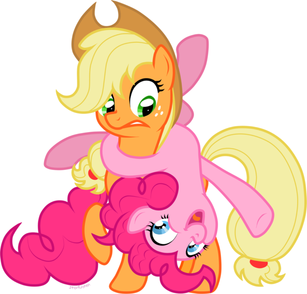 Size: 1250x1199 | Tagged: safe, artist:storfulsten, derpibooru import, applejack, pinkie pie, earth pony, pony, applejack is not amused, backbend, duo, duo female, female, flexible, freckles, frown, gritted teeth, happy, hat, looking at each other, looking down, looking up, mare, open mouth, personal space invasion, pinkie being pinkie, ponies riding ponies, raised hoof, raised leg, silly, simple background, transparent background, unamused