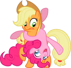 Size: 1250x1199 | Tagged: safe, artist:storfulsten, derpibooru import, applejack, pinkie pie, earth pony, pony, applejack is not amused, backbend, duo, duo female, female, flexible, freckles, frown, gritted teeth, happy, hat, looking at each other, looking down, looking up, mare, open mouth, personal space invasion, pinkie being pinkie, ponies riding ponies, raised hoof, raised leg, silly, simple background, transparent background, unamused