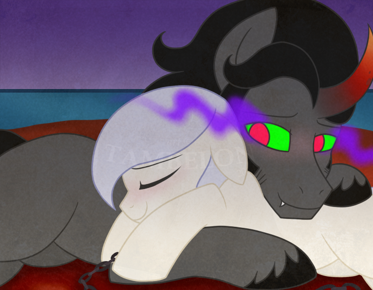 Size: 750x583 | Tagged: safe, artist:tambelon, derpibooru import, king sombra, oc, oc:opalescent pearl, crystal pony, pony, blushing, canon x oc, cuddling, curved horn, female, male, shipping, slave, slavery, smiling, snuggling, sombra eyes, sombralescent, straight, watermark