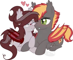 Size: 855x700 | Tagged: safe, artist:tambelon, derpibooru import, oc, oc:savory zest, oc:scarlet quill, unofficial characters only, bat pony, pony, art trade, eyes closed, fangs, female, glasses, heart, husband and wife, male, married, married couple, oc x oc, prone, scarlory, shipping, simple background, slit eyes, smiling, transparent background, watermark