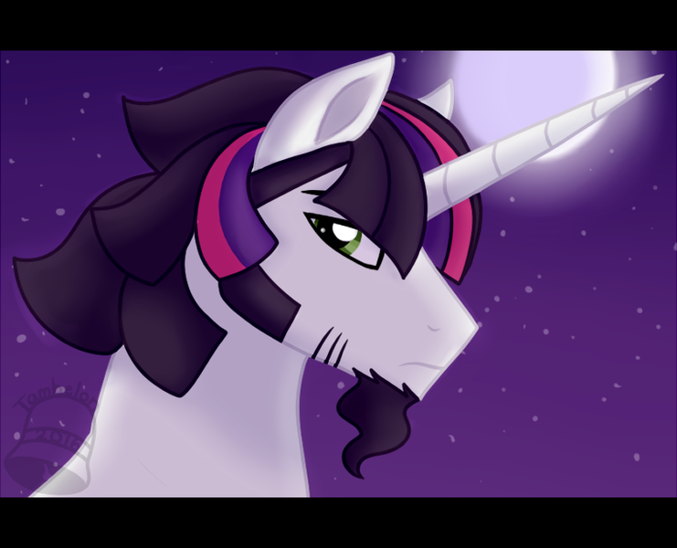 Size: 762x617 | Tagged: safe, artist:tambelon, derpibooru import, oc, oc:prince evening star, unofficial characters only, pony, unicorn, looking at you, next generation, offspring, parent:oc:king bray, parent:twilight sparkle, parents:canon x oc, solo, watermark