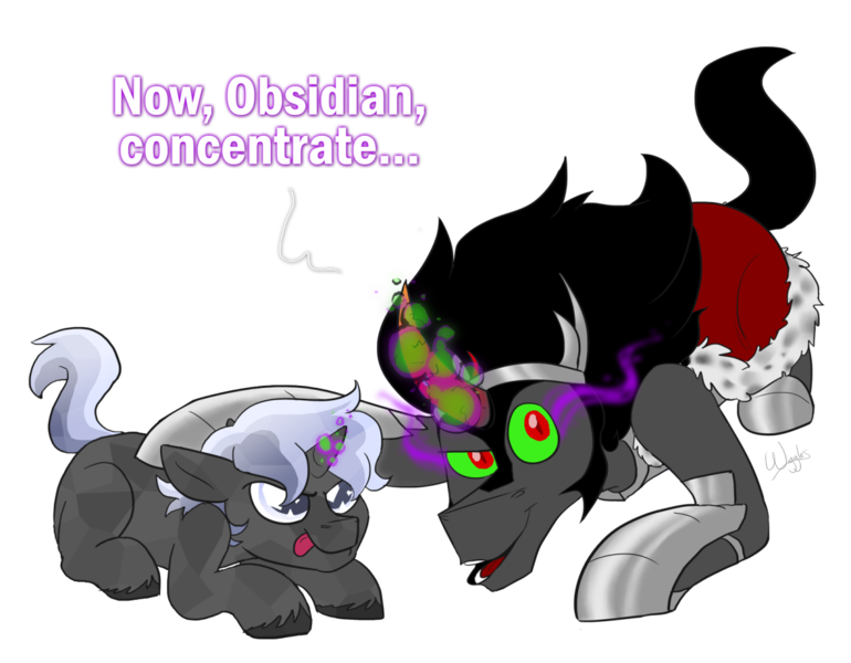 Size: 1280x997 | Tagged: safe, artist:wiggles, derpibooru import, king sombra, oc, oc:obsidian, crystal pony, pony, unicorn, daddy sombra, dark magic, father and son, magic, offspring, parent:king sombra, parent:oc:opalescent pearl, parents:canon x oc, simple background, sombra eyes, transparent background