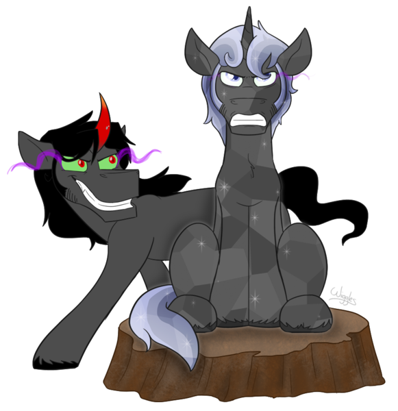 Size: 857x885 | Tagged: safe, artist:wiggles, derpibooru import, king sombra, oc, oc:obsidian, crystal pony, pony, unicorn, dark magic, duo, father and son, magic, male, movie reference, offspring, parent:king sombra, parent:oc:opalescent pearl, parent:oc:prince topaz, parents:canon x oc, simple background, sombra eyes, stallion, transparent background