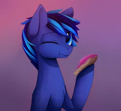 Size: 2656x2446 | Tagged: safe, artist:magnaluna, derpibooru import, oc, oc:night shadow, unofficial characters only, pegasus, pony, bust, chest fluff, colored pupils, cute, donut, eating, food, gradient background, looking at you, male, one eye closed, portrait, solo, stallion, wink