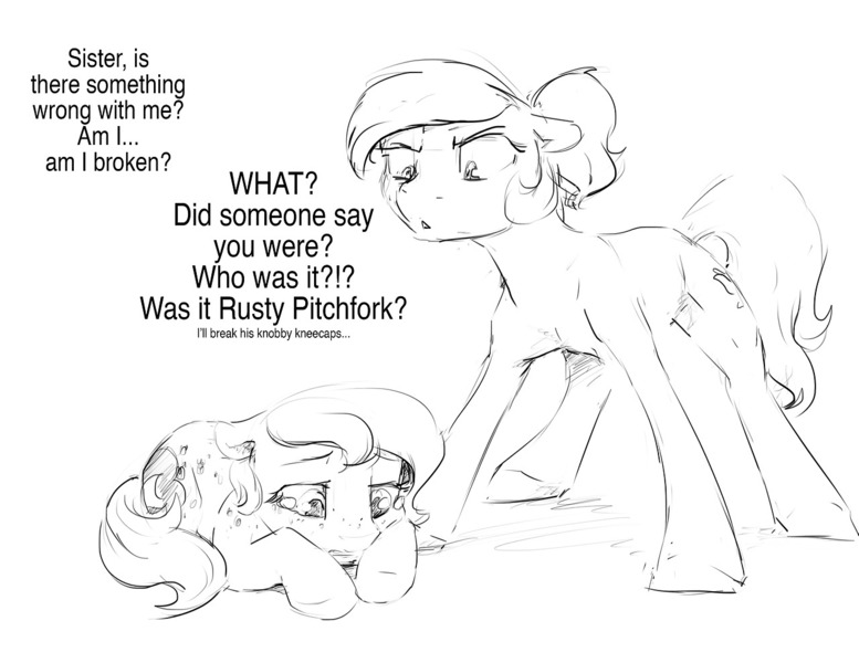 Size: 1280x989 | Tagged: safe, artist:silfoe, derpibooru import, princess celestia, princess luna, pony, royal sketchbook, alternate hairstyle, angry, big sister instinct, cewestia, crying, dialogue, female, filly, floppy ears, freckles, grayscale, monochrome, overprotective, ponytail, prone, royal sisters, sad, sisters, sketch, woona, younger