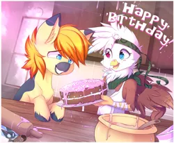 Size: 800x658 | Tagged: safe, artist:teranen, derpibooru import, oc, oc:charlene, oc:yaktan, unofficial characters only, earth pony, gryphon, pony, apron, cake, clothes, colored pupils, commission, duo, eye clipping through hair, food, happy birthday, heterochromia, unshorn fetlocks