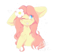 Size: 1024x910 | Tagged: safe, artist:bunnzee, derpibooru import, fluttershy, big ears, blushing, bust, cheek fluff, floppy ears, flower, flower in hair, fluffy, heart, hoof on chest, looking away, looking up, one eye closed, portrait, signature, simple background, smiling, solo, tongue out, transparent background, unshorn fetlocks, wink