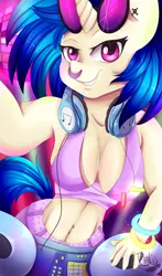 Size: 1213x2067 | Tagged: absolute cleavage, anthro, artist:iblisart, belly button, bellyring, bra, breasts, busty vinyl scratch, cleavage, clothes, derpibooru import, female, headphones, looking at you, midriff, nose piercing, nose ring, piercing, smiling, solo, solo female, suggestive, sunglasses, underwear, vinyl scratch
