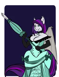 Size: 2550x3300 | Tagged: suggestive, artist:theecchiqueen, deleted from derpibooru, derpibooru import, oc, oc:sweet hum, unofficial characters only, anthro, bat pony, anthro oc, big breasts, blade, breasts, choker, cleavage, clothes, commission, dress, evening gloves, fangs, female, gloves, jewelry, large wings, long gloves, looking at you, mare, pendant, smiling, solo, southern belle, umbrella, wings