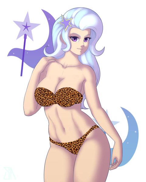 Size: 1600x2000 | Tagged: suggestive, artist:souladdicted, derpibooru import, edit, trixie, equestria girls, animal print underwear, belly button, bra, breasts, busty trixie, clothes, collarbone, curvy, cutie mark, female, hourglass figure, human coloration, leopard print, looking at you, sexy, smiling, solo, solo female, strapless bra, underwear