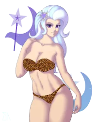 Size: 1600x2000 | Tagged: suggestive, artist:souladdicted, derpibooru import, edit, trixie, equestria girls, animal print underwear, belly button, bra, breasts, busty trixie, clothes, collarbone, curvy, cutie mark, female, hourglass figure, human coloration, leopard print, looking at you, sexy, smiling, solo, solo female, strapless bra, underwear