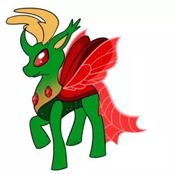 Size: 1080x1080 | Tagged: safe, artist:usagi-zakura, derpibooru import, oc, oc:strawberry, unofficial characters only, changedling, changeling, to where and back again, changeling king, changeling oc, green changeling, raised hoof, simple background, smiling, solo, white background