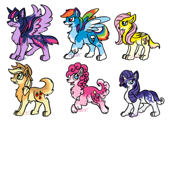 Size: 1024x1024 | Tagged: safe, artist:usagi-zakura, derpibooru import, applejack, fluttershy, pinkie pie, rainbow dash, rarity, twilight sparkle, twilight sparkle (alicorn), alicorn, wolf, flutterwolf, mane six, my little wolf, pinkie wolf, simple background, species swap, transparent background, twiwolf, wolf dash, wolfity, wolfjack