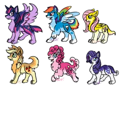 Size: 1024x1024 | Tagged: safe, artist:usagi-zakura, derpibooru import, applejack, fluttershy, pinkie pie, rainbow dash, rarity, twilight sparkle, twilight sparkle (alicorn), alicorn, wolf, flutterwolf, mane six, my little wolf, pinkie wolf, simple background, species swap, transparent background, twiwolf, wolf dash, wolfity, wolfjack